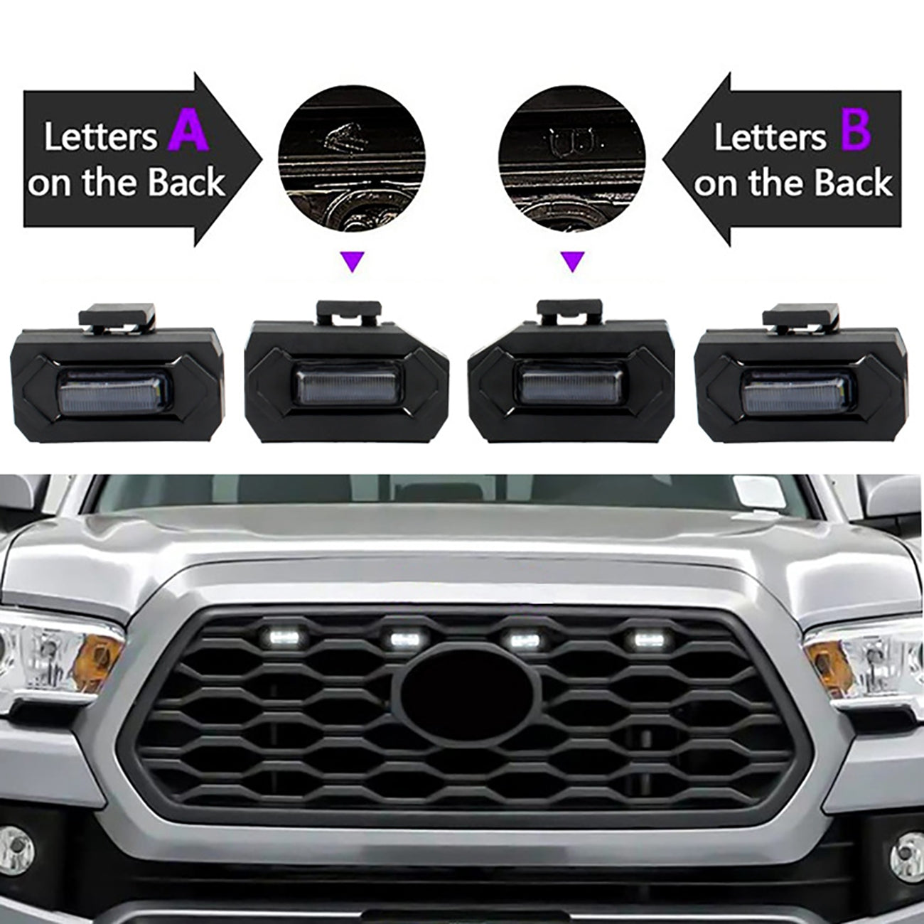 (4PCS/SET) LED FRONT GRILLE LIGHTS WHITE LIGHT FOR TOYOTA TACOMA 2020-2021 TRD OFF ROAD/TRD SPORT (SMOKED SHELL)