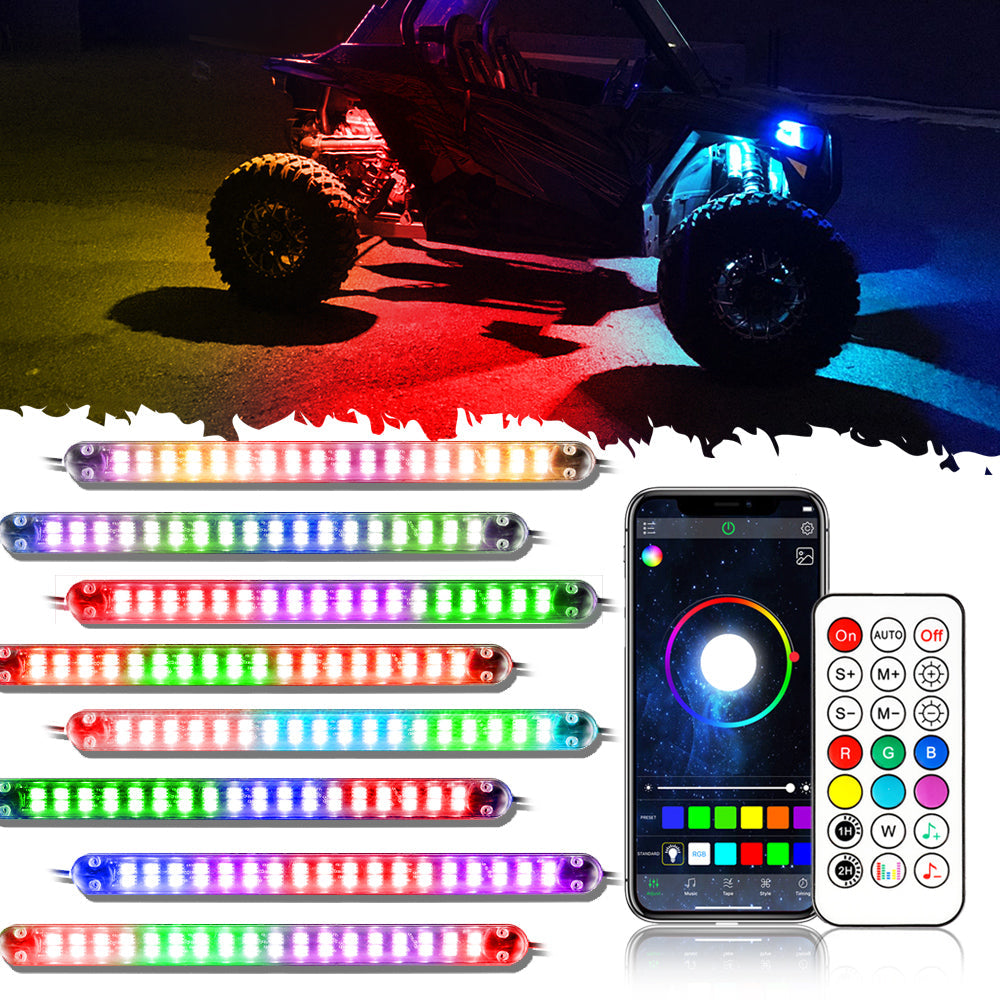 8 MAGIC DREAM COLOR RGB UNDERGLOW LIGHTS LED STRIP LIGHTS KIT WITH BLUETOOTH APP & WIRELESS REMOTE CONTROL WITH BRAKE LIGHT FUNCTION FOR ATV UTV