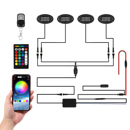 RGBW LED ROCK LIGHTS KIT WITH BLUETOOTH APP & WIRELESS REMOTE CONTROL, MULTICOLOR NEON UNDERGLOW LIGHTS WITH BRAKE LIGHT FUNCTION