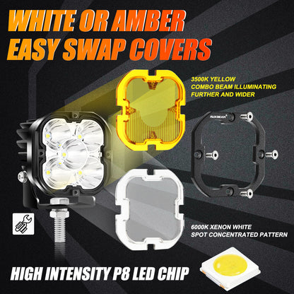 AUXBEAM 3 INCH 80W 9600LM LED PODS LIGHTS WHITE&YELLOW