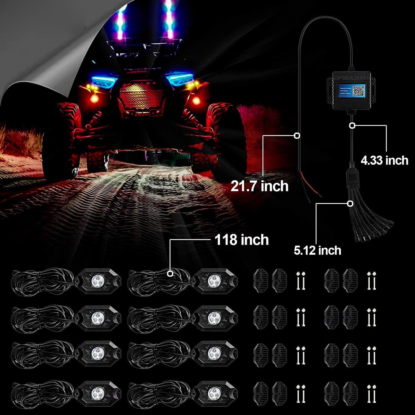 8 PCS/SET  RGB LED ROCK LIGHT SET WITH BLUETOOTH CONTROLLER FOR ATV UTV