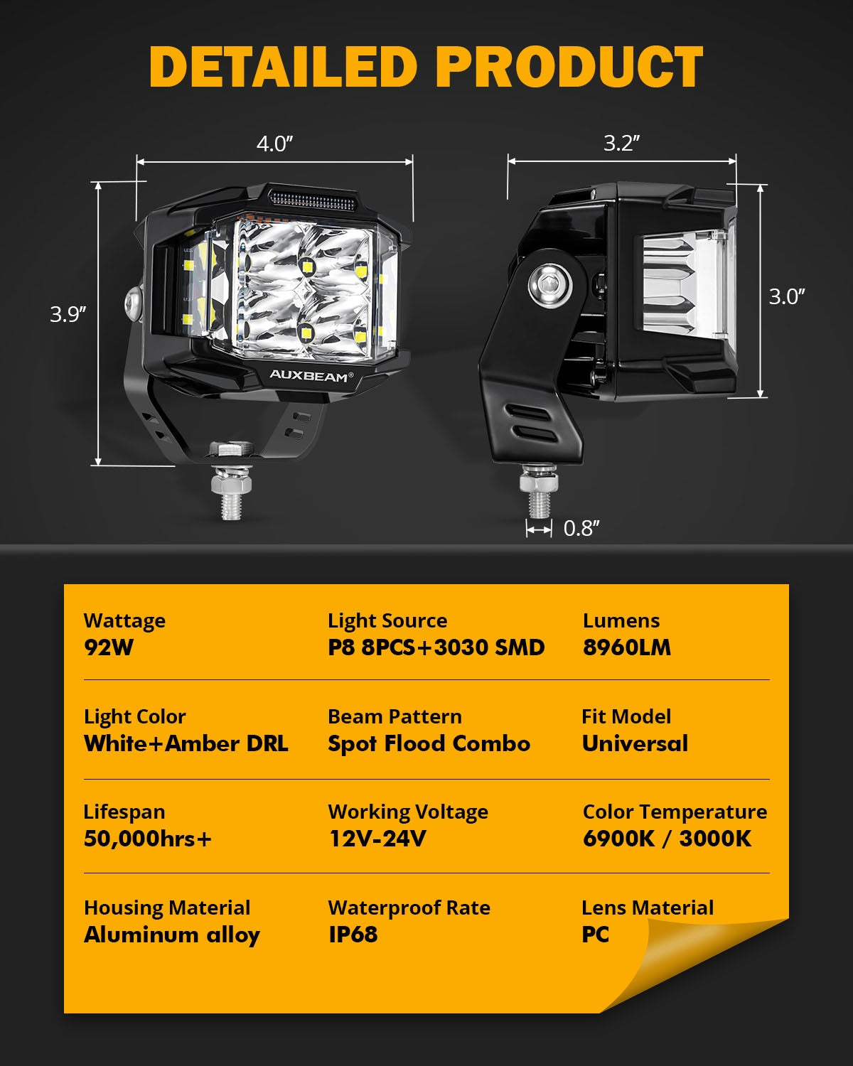 V-MAX SERIES | 4 INCH 92W 8960LM COMBO BEAM SIDE SHOOTER LED SQUARE POD LIGHTS WITH AMBER DRL