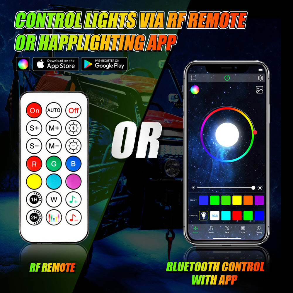 8 MAGIC DREAM COLOR RGB UNDERGLOW LIGHTS LED STRIP LIGHTS KIT WITH BLUETOOTH APP & WIRELESS REMOTE CONTROL WITH BRAKE LIGHT FUNCTION FOR ATV UTV