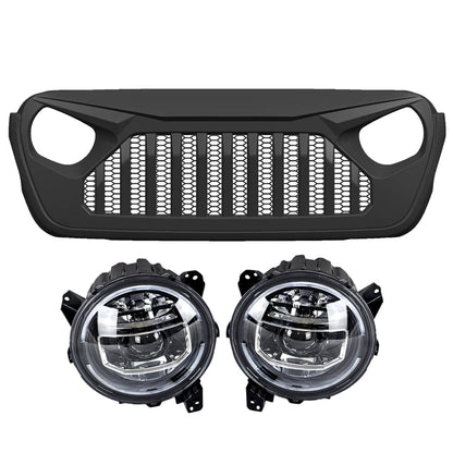 9 INCH LED HALO HEADLIGHTS & VADER GRILLE W/ MESH COMBO FOR 18-23 JEEP WRANGLER JL & GLADIATOR JT