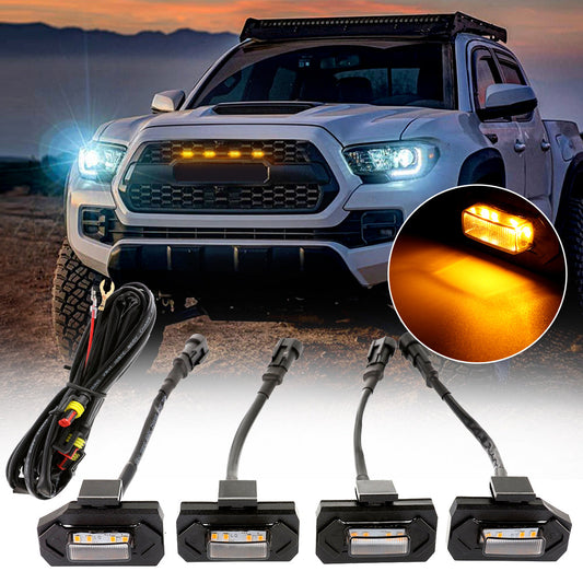 (4PCS/SET) LED FRONT GRILLE LIGHTS AMBER LIGHT FOR TOYOTA TACOMA 2020-2021 TRD OFF ROAD/TRD SPORT (SMOKED SHELL)
