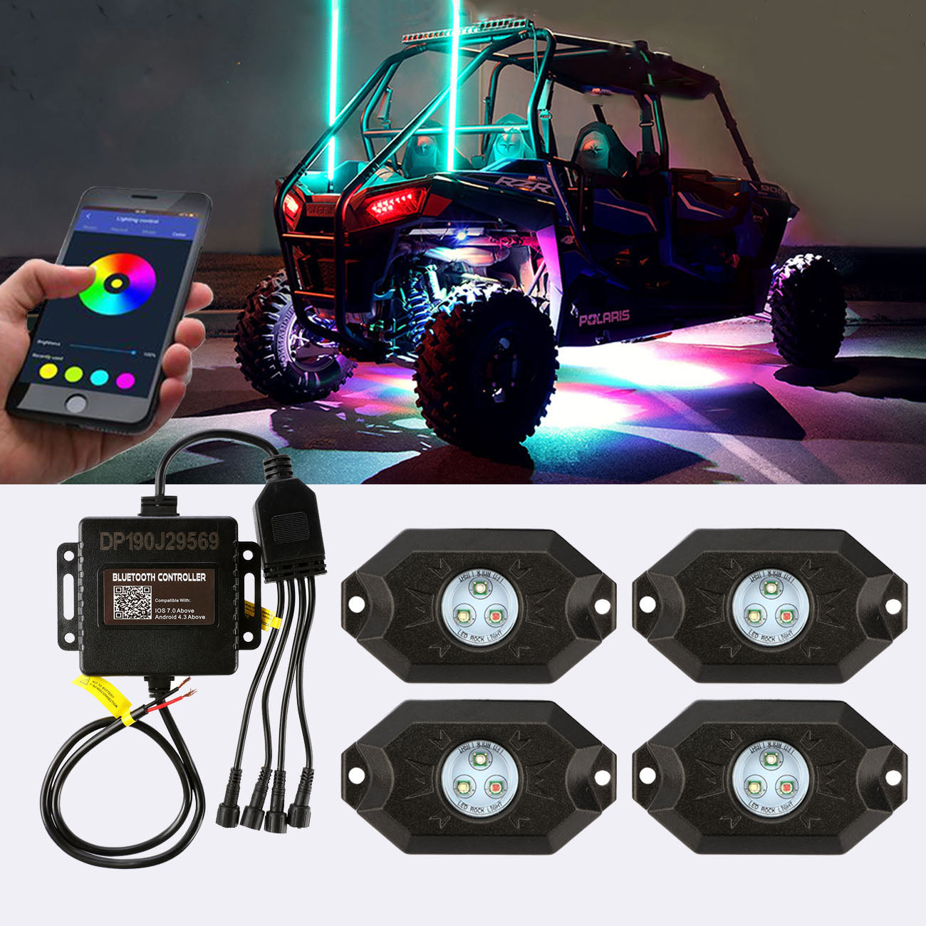 4PCS/SET RGB LED ROCK LIGHT SET WITH BLUETOOTH CONTROLLER FOR ATV UTV