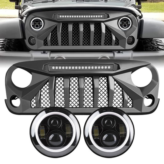 GLADIATOR GRILLE W/ LED OFF-ROAD LIGHTS & HALO HEADLIGHTS COMBO FOR 07-18 WRANGLER JK