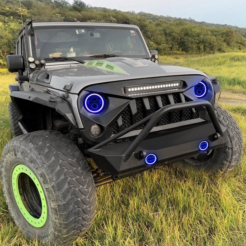 GLADIATOR GRILLE W/ LED OFF-ROAD LIGHTS & RGB HALO HEADLIGHTS & RGB HALO FOG LIGHTS COMBO FOR 07-18 WRANGLER JK