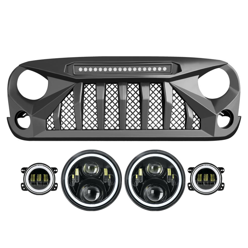 GLADIATOR GRILLE W/ LED OFF-ROAD LIGHTS & RGB HALO HEADLIGHTS & RGB HALO FOG LIGHTS COMBO FOR 07-18 WRANGLER JK