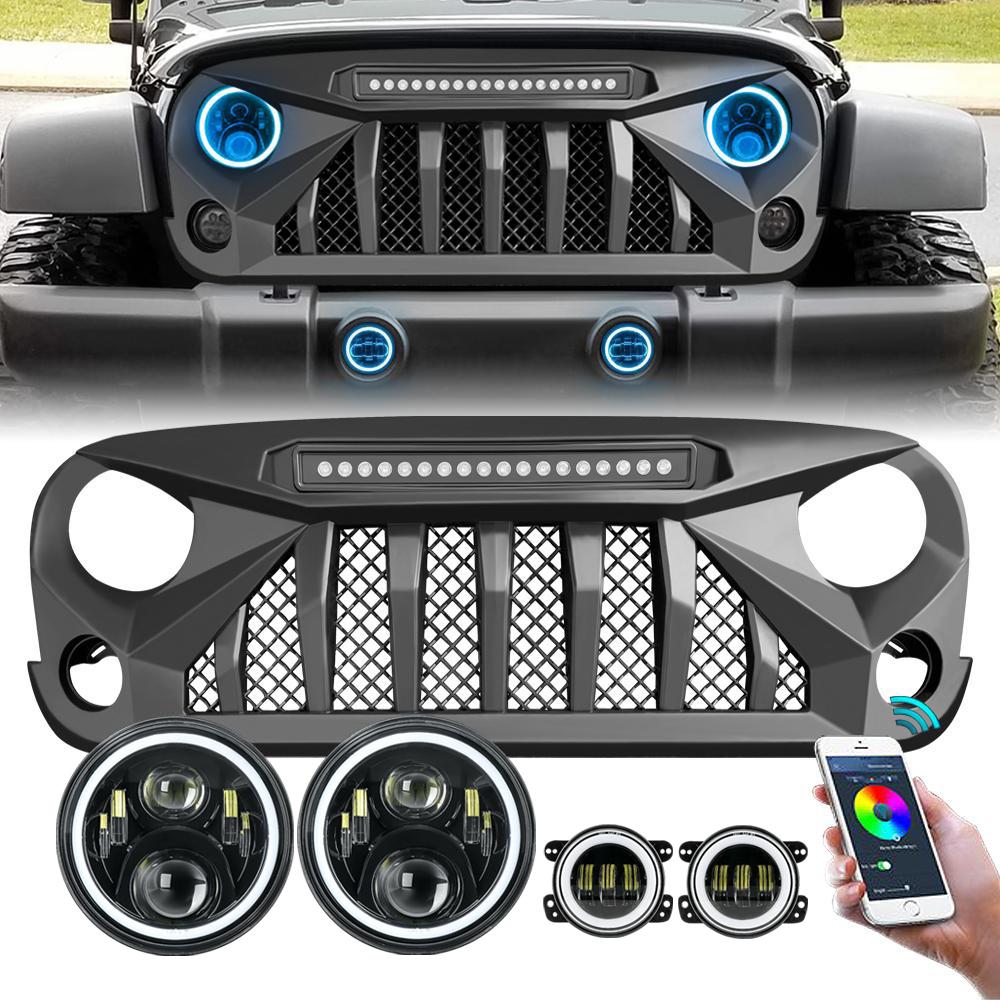 GLADIATOR GRILLE W/ LED OFF-ROAD LIGHTS & RGB HALO HEADLIGHTS & RGB HALO FOG LIGHTS COMBO FOR 07-18 WRANGLER JK