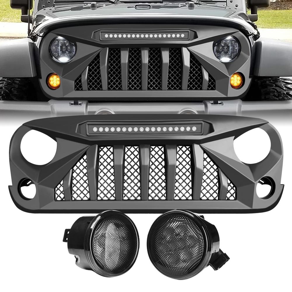 GLADIATOR GRILLE W/ LED OFF-ROAD LIGHTS & SMOKED TURN LIGHTS COMBO FOR 07-18 WRANGLER JK