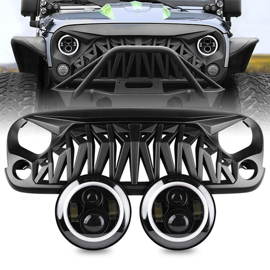 HALO HEADLIGHTS & SHARK GRILLE COMBO FOR 07-18 WRANGLER JK