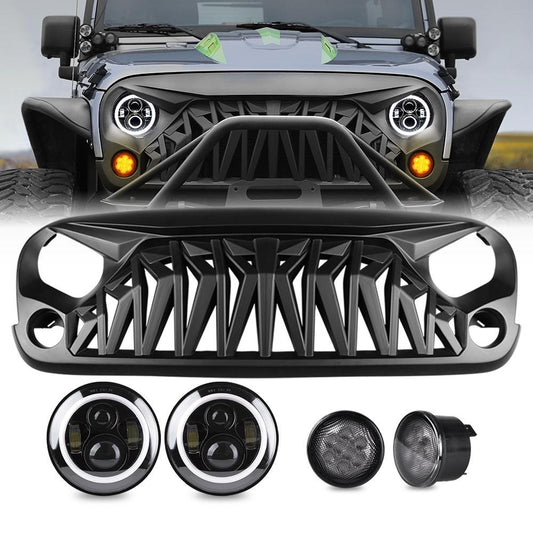 HALO HEADLIGHTS & SHARK GRILLE & SMOKE TURN SIGNAL LIGHTS COMBO FOR JEEP WRANGER JK/ JKU