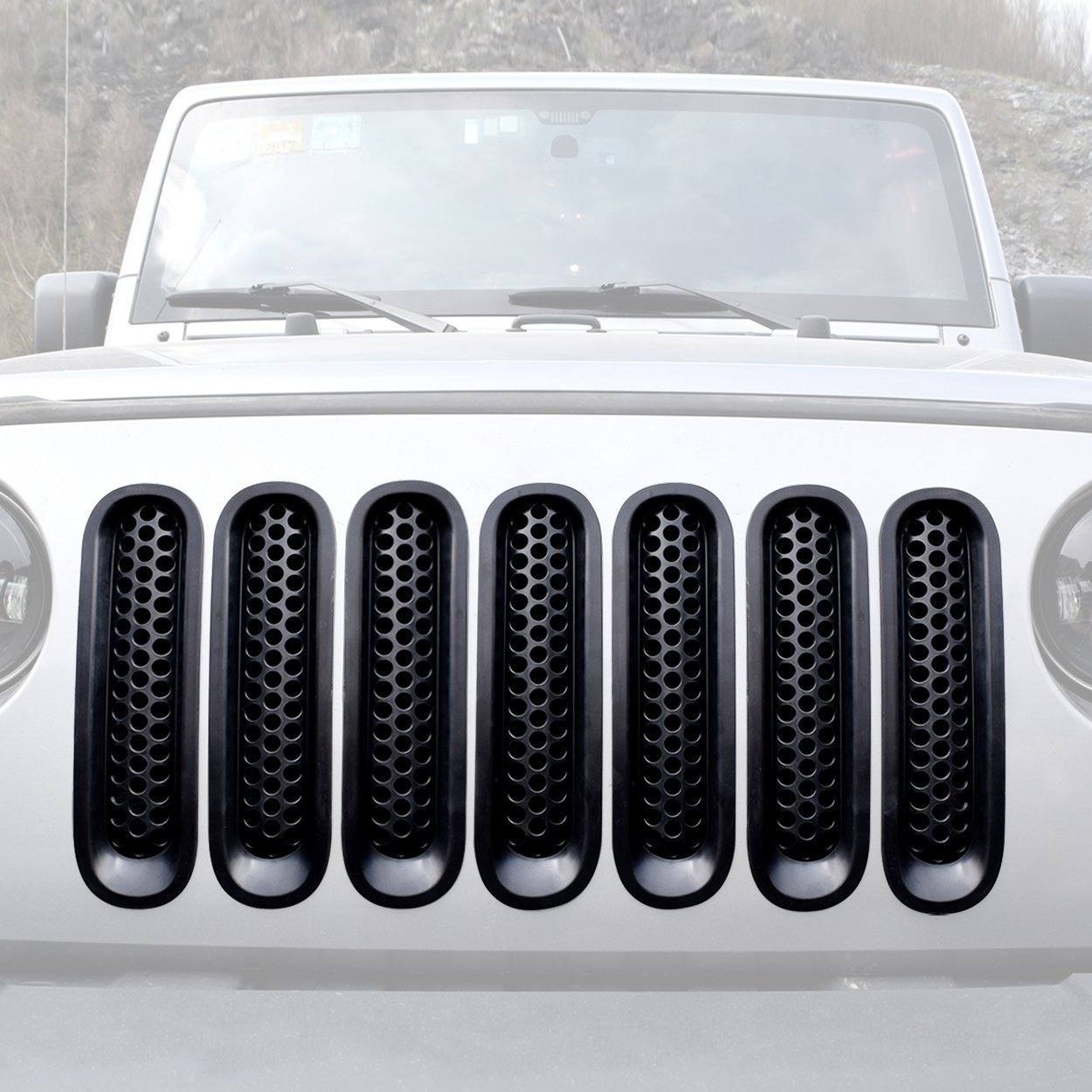 POINTER BODY ARMORS & MATTE BLACK CLIP-IN MESH GRILL INSERTS & BLACK ANGRY EYES HEAD LIGHT BEZELS COVER COMBO FOR 07-18 JEEP WRANGLER JK/JKU