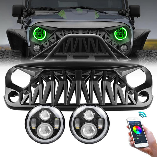 RGB HALO HEADLIGHTS & SHARK GRILLES COMBO FOR JEEP WRANGLER JK/ JKU