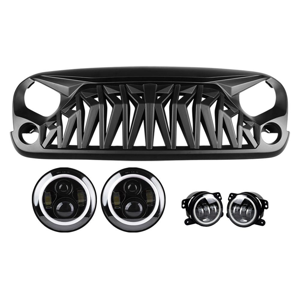 SHARK GRILLE & HALO HEADLIGHTS & HALO FOG LIGHTS COMBO FOR 07-18 WRANGLER JK/ JKU