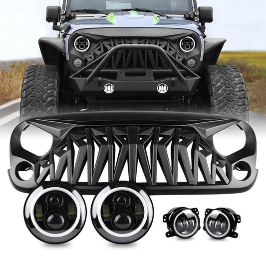 SHARK GRILLE & HALO HEADLIGHTS & HALO FOG LIGHTS COMBO FOR 07-18 WRANGLER JK/ JKU