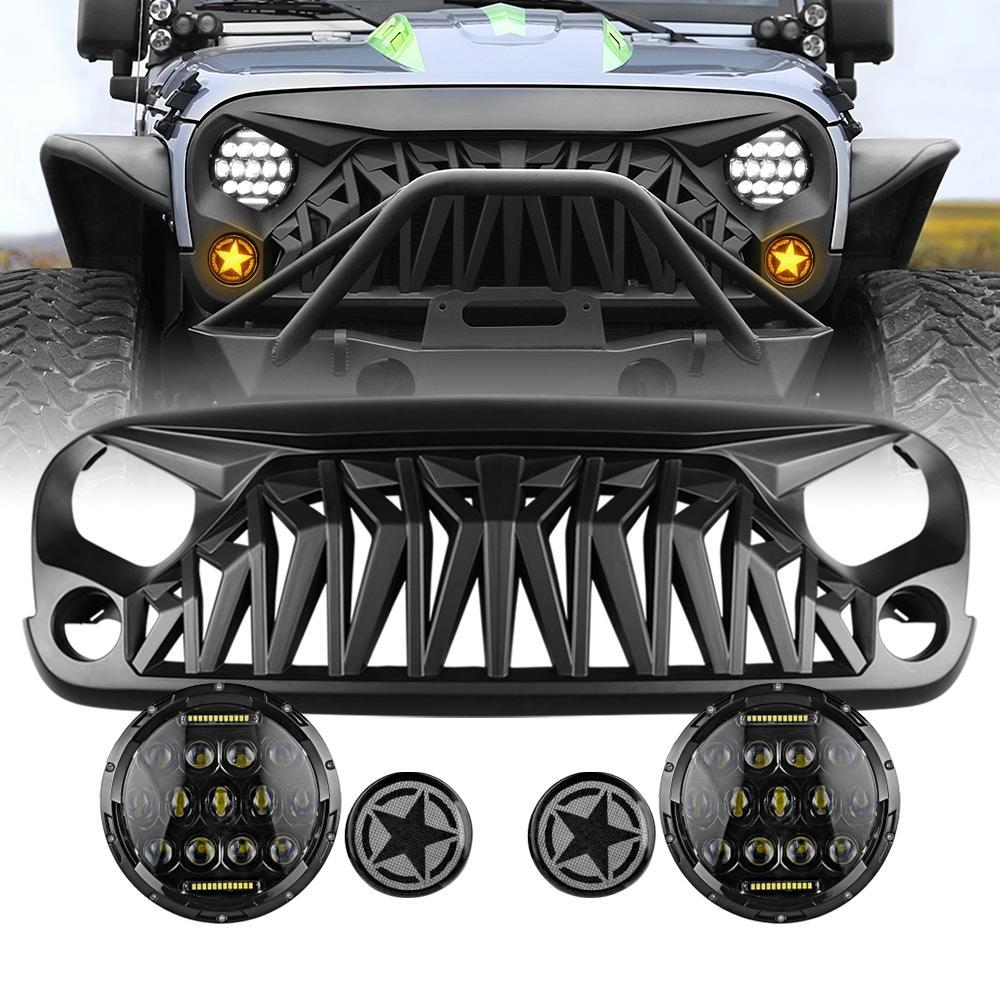 SHARK GRILLE & HONEYCOMB HEADLIGHTS & AMBER TURN SIGNALS COMBO FOR 07-18 WRANGER JK/ JKU