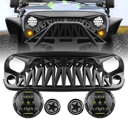 SHARK GRILLE & HONEYCOMB HEADLIGHTS & AMBER TURN SIGNALS COMBO FOR 07-18 WRANGER JK/ JKU