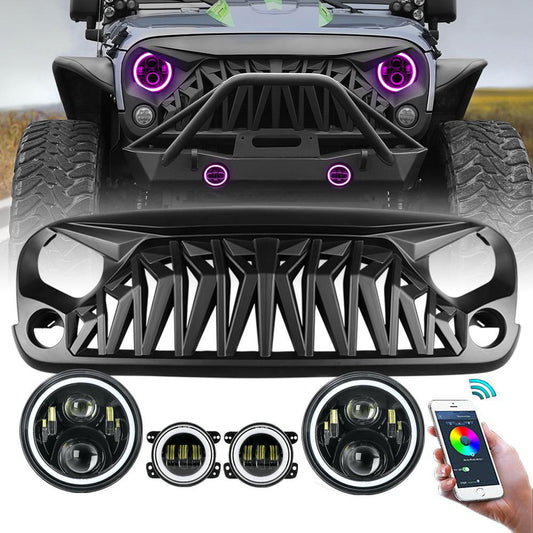 SHARK GRILLE & RGB HALO HEADLIGHTS & RGB HALO FOG LIGHTS COMBO FOR JEEP WRANGLER JK