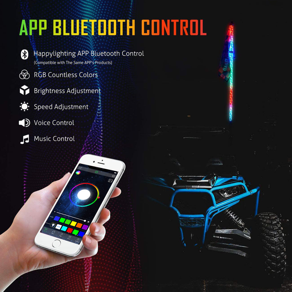 4FT RGB LED WHIP LIGHT WITH BLUETOOTH CONTROLLED + WHIP LIGHT MOUNTING BRACKETS FOR UTV, ATV, OFF-ROAD VEHICLE