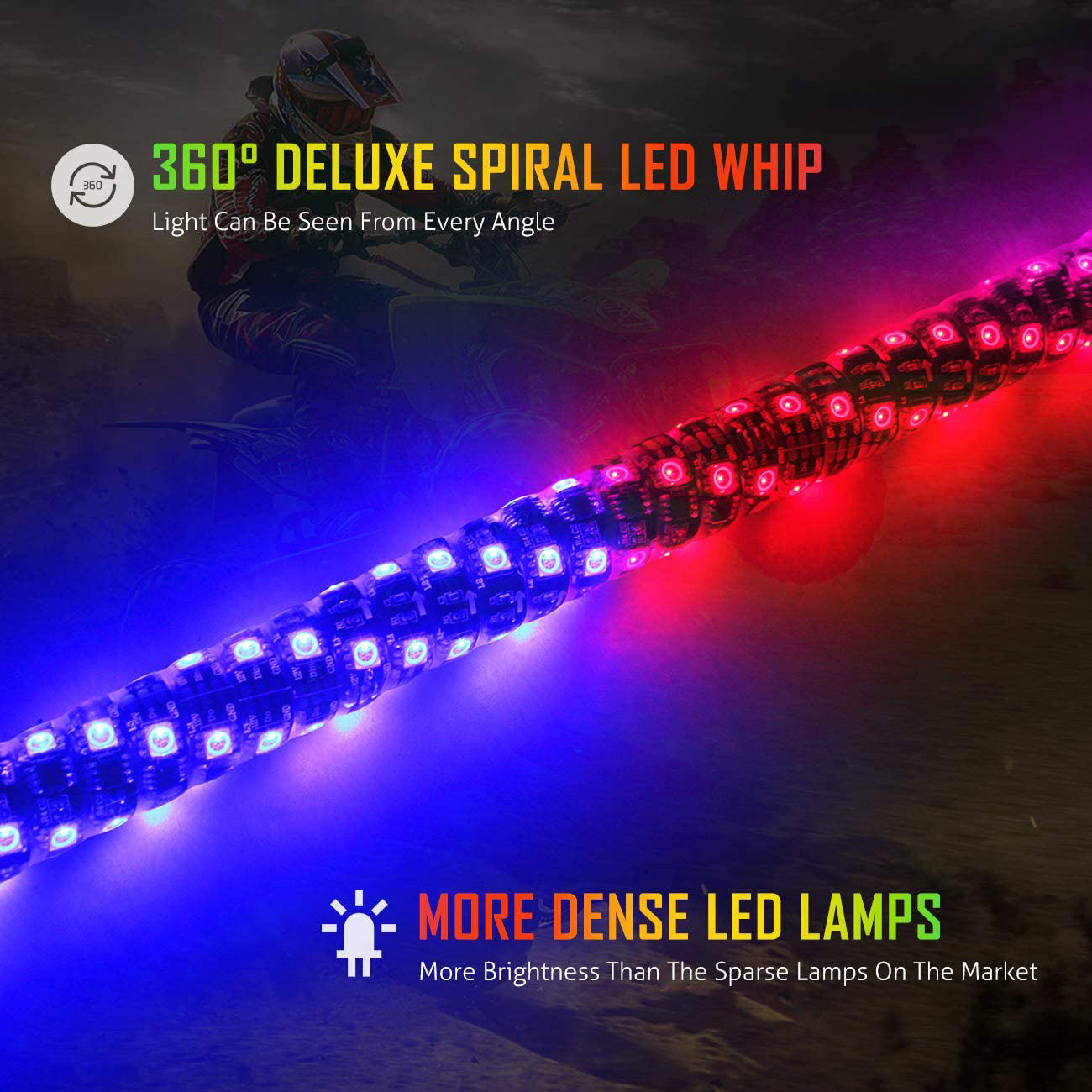 3FT RGB LED WHIP LIGHT WITH BLUETOOTH CONTROLLED + WHIP LIGHT MOUNTING BRACKETS FOR UTV, ATV, OFF-ROAD VEHICLE