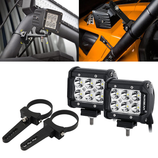 4 INCH CLASSIC-SM SERIES DUAL ROW LED POD LIGHTS SPOT BEAM & 2.5 INCH BULL BAR ROLL CAGE CLAMPS MOUNTING BRACKETS COMBO FOR JEEP OFF-ROAD SUV ATV UTV TRUCKS