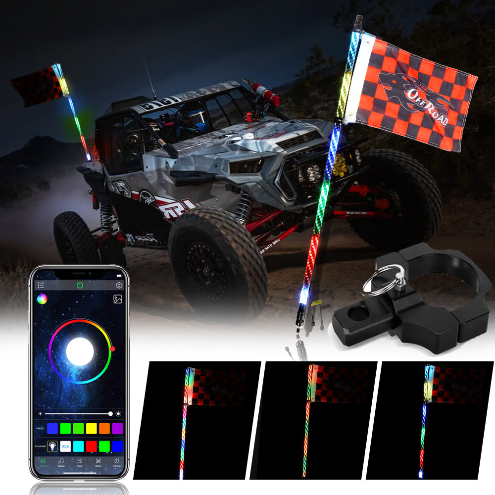 4FT RGB LED WHIP LIGHT WITH BLUETOOTH CONTROLLED + WHIP LIGHT MOUNTING BRACKETS FOR UTV, ATV, OFF-ROAD VEHICLE