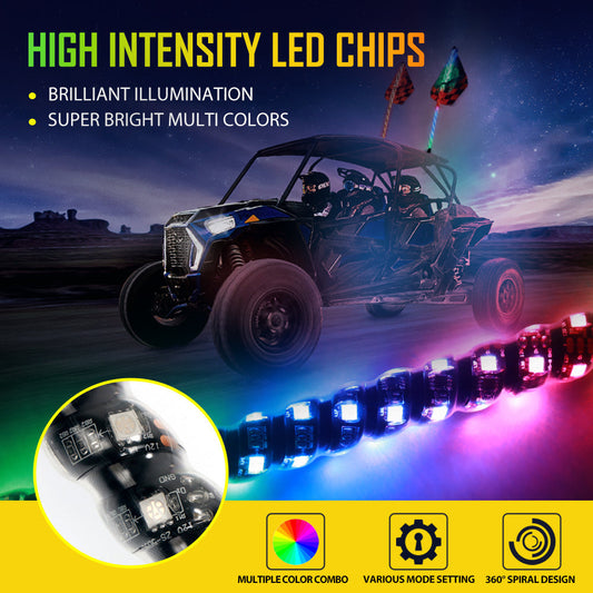 3FT RGB LED WHIP LIGHT WITH BLUETOOTH CONTROLLED + WHIP LIGHT MOUNTING BRACKETS FOR UTV, ATV, OFF-ROAD VEHICLE