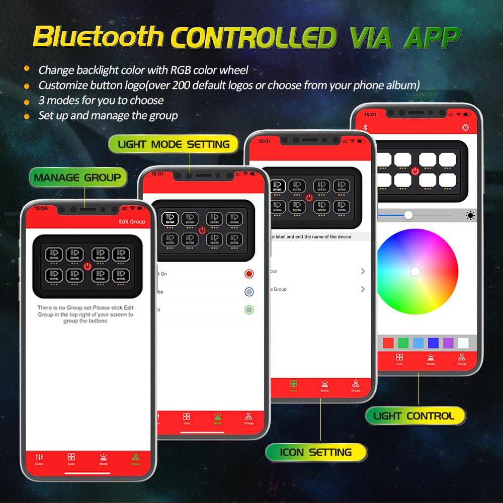AR-800 MULTIFUNCTION RGB SWITCH PANEL WITH BLUETOOTH CONTROLLED & 47 INCH EXTENSION CABLE(OPTIONAL) FOR JEEP